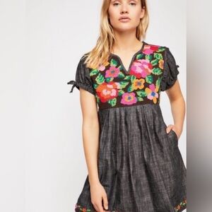 Free People Oaxaca Gray Chambray Embroidered Babydoll Mini Dress Size XS